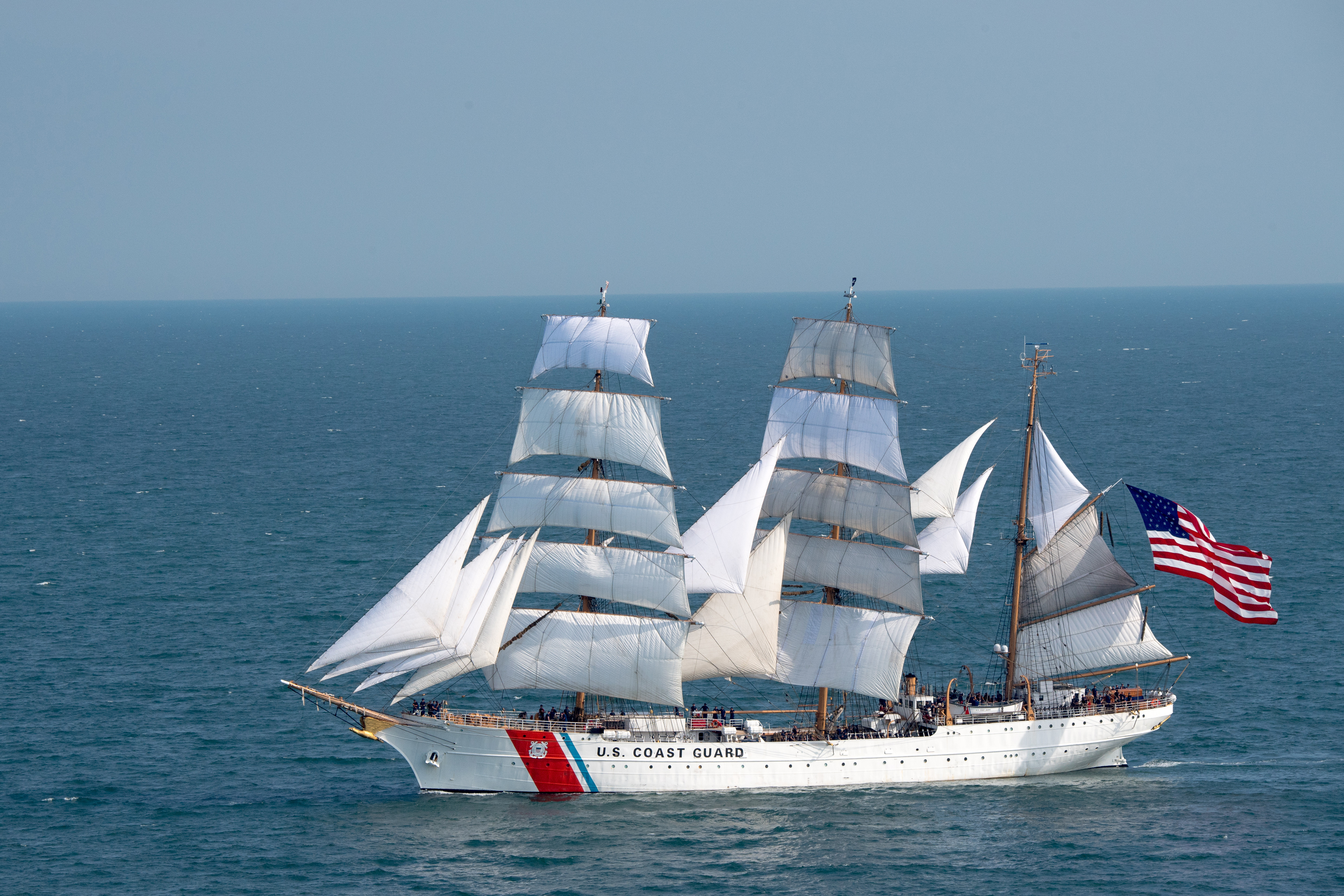 U.S. Coast Guard Barque Eagle sailing at sea with full sails set